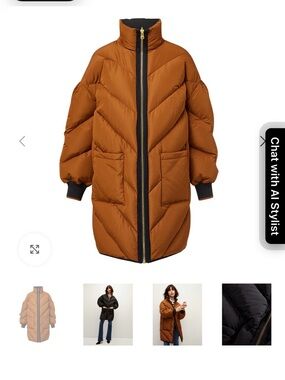 Veronica Beard Rust-Toned Long Puffer Coat with Black Trim